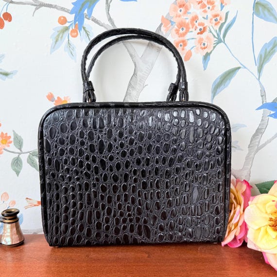 Sac à Main Vintage En Cuir Crocodile Années 50-60 - Noir, Soirée, Anses à Renforcer