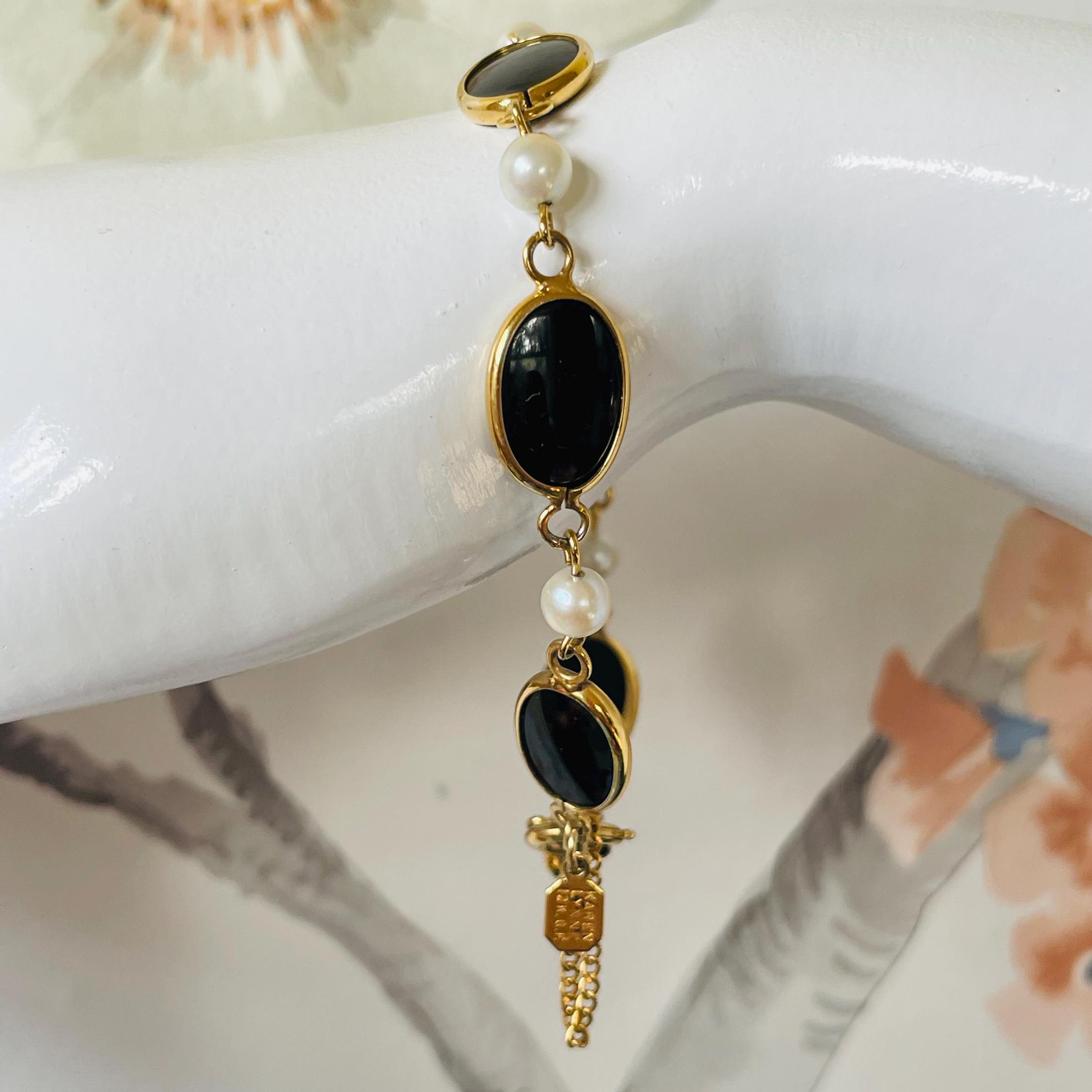 Vintage Karen Lynne Onyx & Pearl Bracelet | 12K Gold Filled