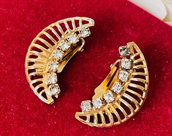 Vintage Gold Rhinestone Climber Crescent Clip On Earrings (1950’s)