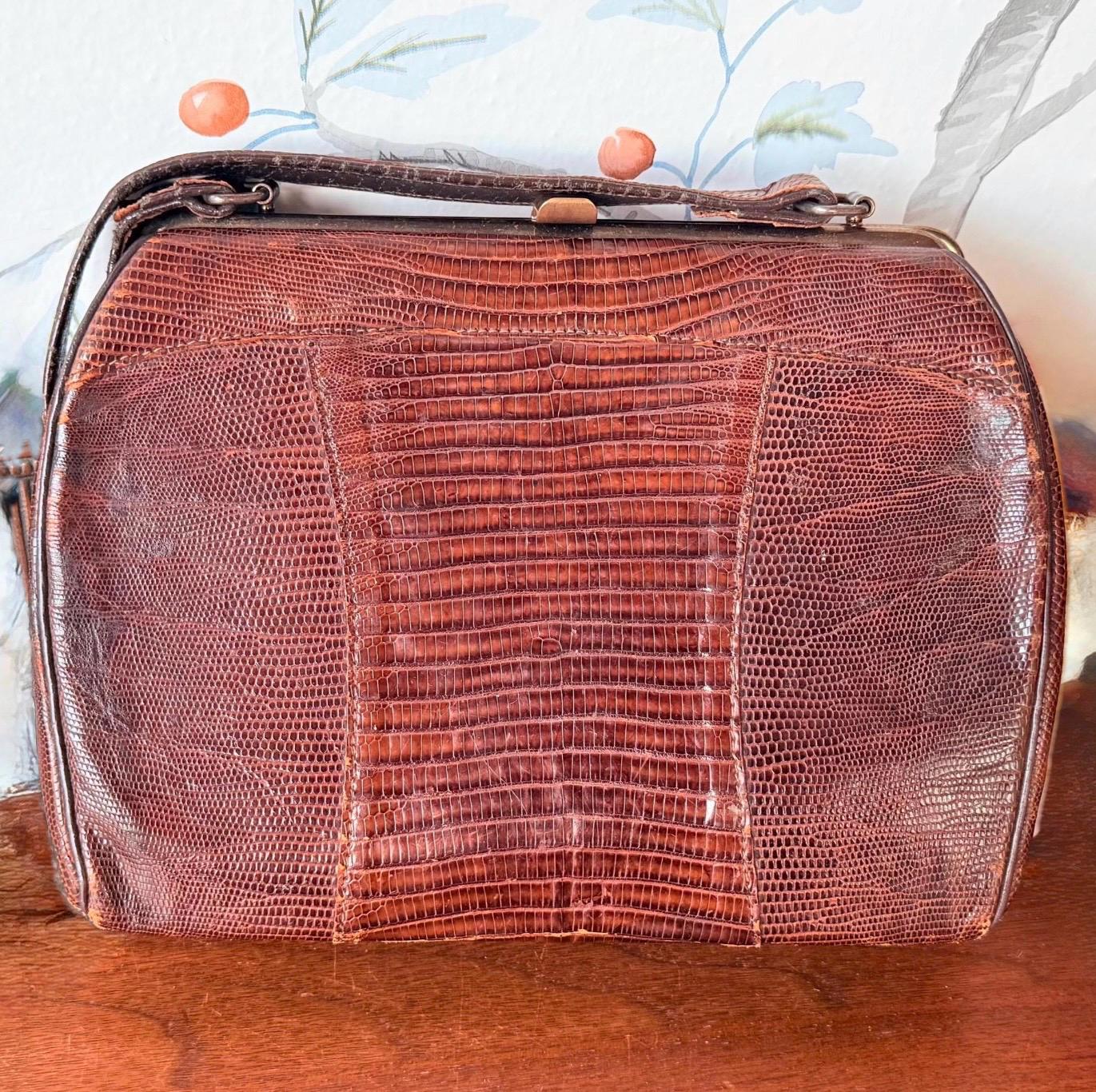 Vintage Sterling USA Lizard Skin Handbag | Brown Mid-century Box 
