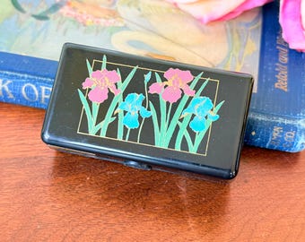Vintage Black Lucite Lipstick Holder: 1980s Floral Travel Vanity Case