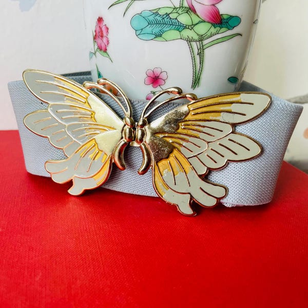 Butterfly Belt Vintage 80s Cinch Waist Elastic Gold Animal Buckle Statement Wide