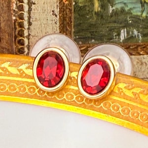 Swarovski SAL Ruby Red Crystal Earrings | Oval Bezel Stud | Signed 1970s Gold Tone Vintage