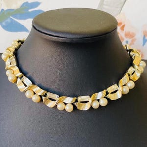 Naszyjnik z pereł Lisner z lat 50. XX wieku | Złoty naszyjnik z kryształowymi ogniwami | Elegancka biżuteria w stylu retro