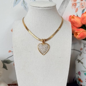 1980s Pave Crystal Heart Necklace | Messy Coquette Gold Choker | Crystal Herringbone Chain Pendant | Vintage Glam Jewelry Gift for Her