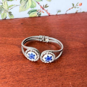 Vintage Delft Blue Porcelain Clamper Bracelet | 1960s Silver Hinged Bangle | Dutch Windmill & Floral Motif Jewelry | Mid Century Souvenir