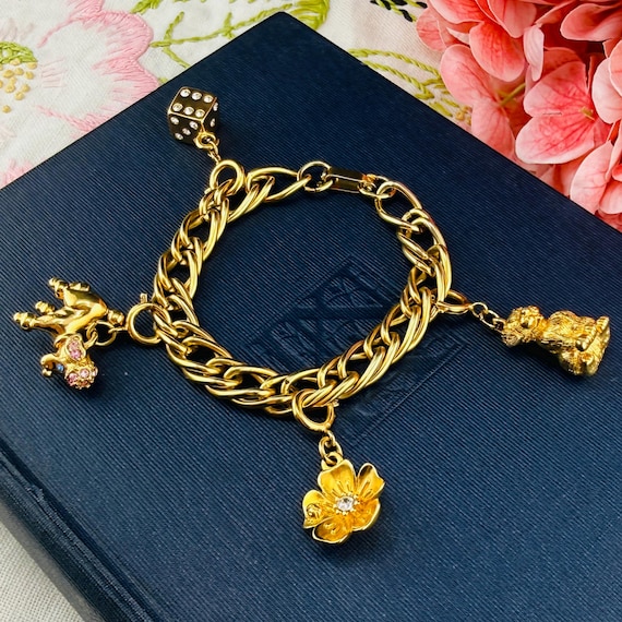 Vintage Monet Gold Charm Bracelet | 1960s Signed Monet Bracelet | Puppy Poodle Crystal Dice Ladybug Flower Charm Bracelet
