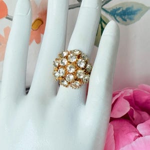 1950s Gold Crystal Cluster Ring: Vintage Adjustable Cocktail Jewelry