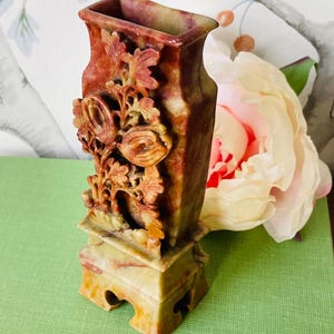 Antique Chinese Soapstone Vase: Hand-Carved Floral Art, 19th Century Asian Decor image 2