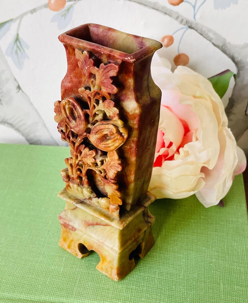 Antique Chinese Soapstone Vase: Hand-Carved Floral Art, 19th Century Asian Decor image 2