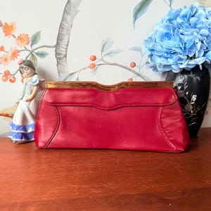 Vintage Lou Goldsmith Oxblood Leather Clutch Purse | 1950s Estate Red Brass Frame Evening Bag | Red Genuine Leather Midcentury Handbag