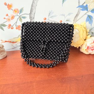 Vintage Black Lacquerware Wooden Bead Shoulder Bag | 1960s Japan Handcrafted Purse | Mid Century Mod Beaded Handbag | Boho Chic Evening Bag