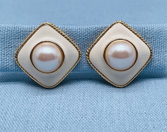Vintage Monet Mabe Pearl Cream Enamel Square Gold Clip On Earrings (1980’s)