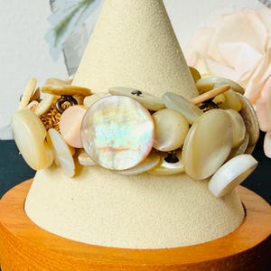 Vintage Mother of Pearl Button Stretch Bracelet | Genuine Shell Cluster Bangle | Artisan Boho Statement Cuff | 1960s Beach Cottage Jewelry