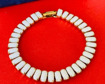 Vintage Leru Milk Glass Rhinestone Gold Bracelet (1950’s)