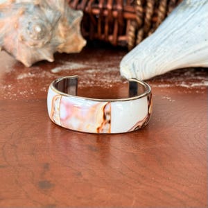 Vintage Polished Shell Inlay Cuff Bracelet | Wide Rhodium Plated Shell Bracelet | 1980s Natural Statement Jewelry | Island Luxe Coastal Gift