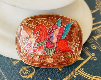 Vintage 1970s Cloisonné Pegasus Brooch | Mythical Winged Horse Enamel Pin | Red Gold Statement Jewelry
