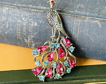 Broche Vintage Paon/oiseau à Strass Bleu Argenté - Élégante Et Scintillante, Occasion