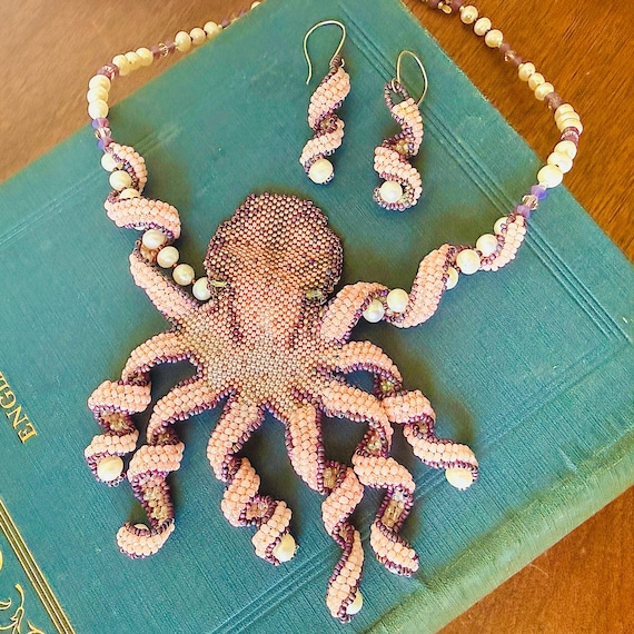 Tapestry Beaded Octopus Necklace & Earrings Set | Vintage Artisan Octopus Jewelry | Ocean Statement Octopus Pendant | Mermaidcore Jewelry