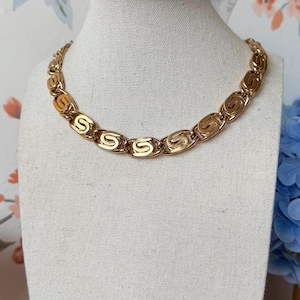 Vintage Gold S Link Choker Necklace | 1960s Chain Statement Collar | Bold Mid Century Jewelry | Retro Gold Costume Necklace | Gift for Her