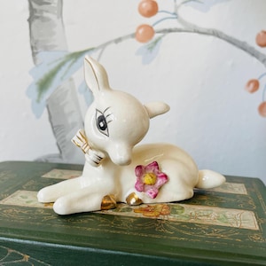 Vintage Japanese Deer Figurine | 1960s Porcelain Doe with Flower & Gold Accents | Craquelure Glaze Animal Collectible