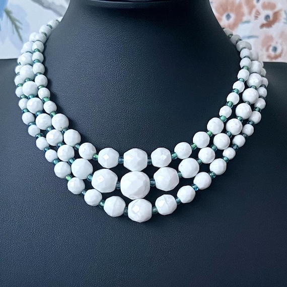 Freirich Milk Glass Choker Necklace | Triple Strand Faceted Milk Glass & Aqua Bead Choker | 1950s Vintage Signed Handmade Jewelry