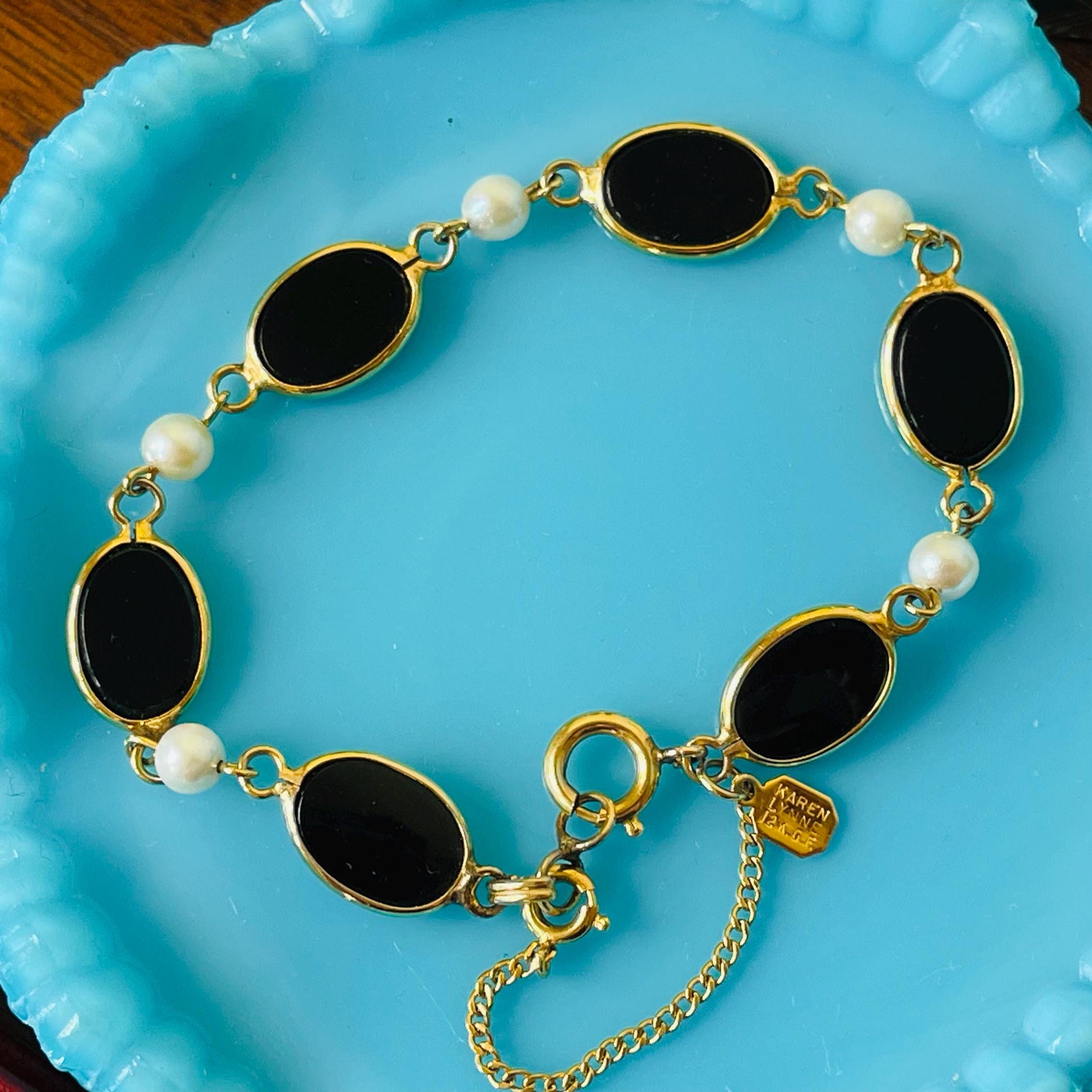 Vintage Karen Lynne Onyx & Pearl Bracelet | 12K Gold Filled