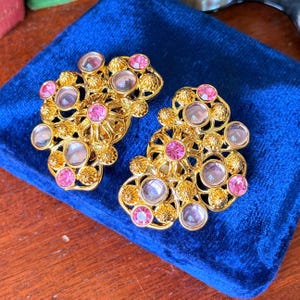Vintage Barrera for Avon Clip On Earrings: Gold Filigree, Pink & Lavender Rhinestones