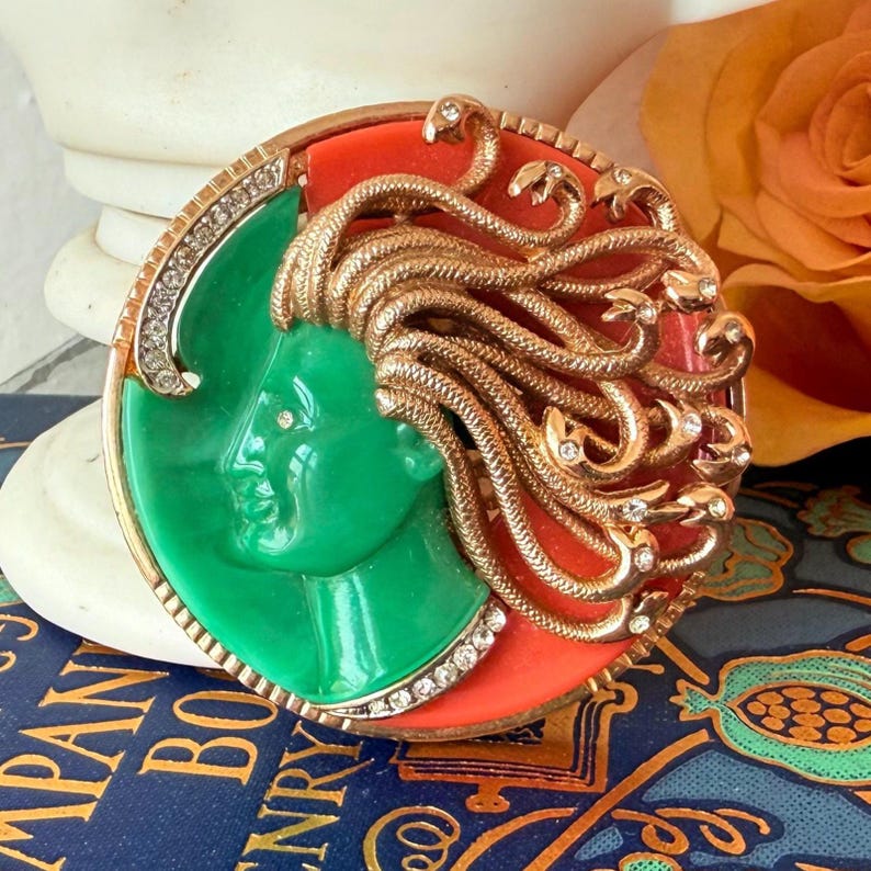 Vintage Kramer Mythology Series Medusa Brooch | 1950s Figural Resin Cameo Pin | Rare Mid Century Art Jewelry | Mythological Statement Brooch image 1