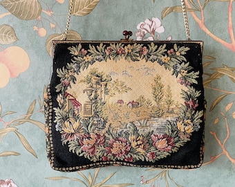 Vintage Walborg Tapestry Purse | 1950s Floral Needlepoint Bag | French Evening Handbag with Gold Chain