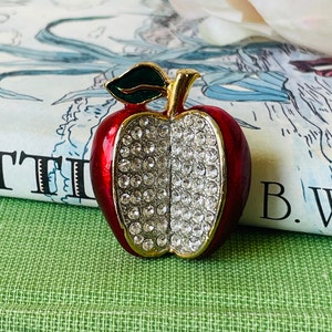 Vintage Red Apple Brooch | Rhinestone Enamel Fruit Pin | Teacher Gift Jewelry | Gold Tone Crystal Apple | Retro Statement Brooch