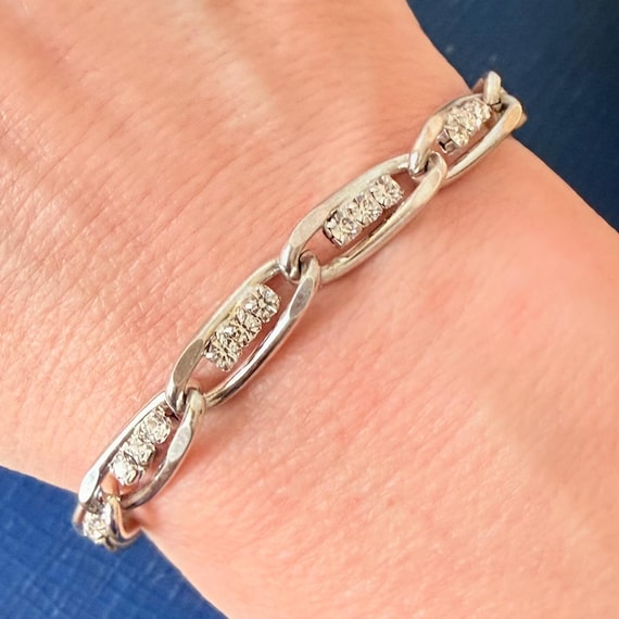 Vintage Rhinestone Bar Link Bracelet | 1960s Silver Sparkle Jewelry