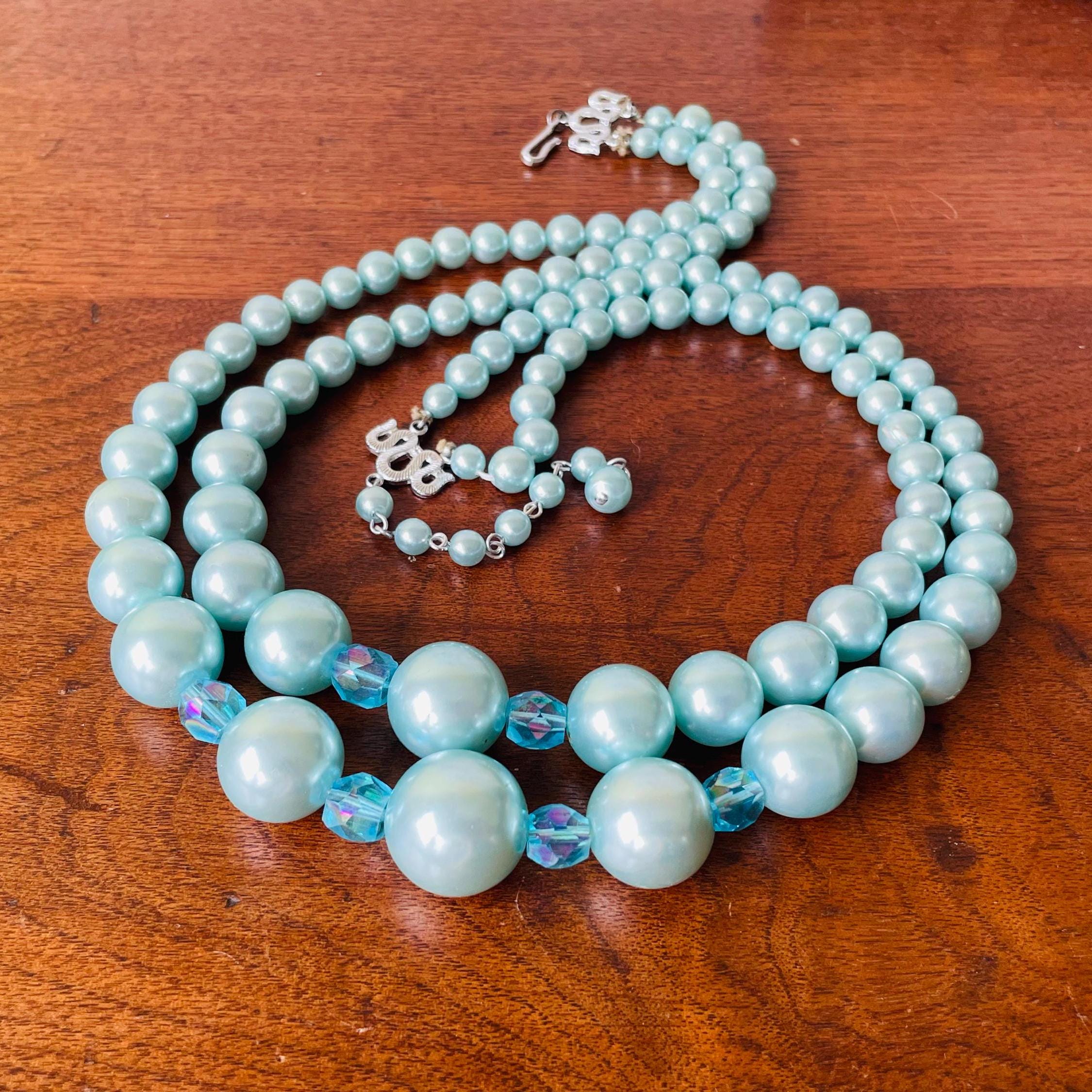 Vintage 1950s Japan Blue Pearl Necklace | Double Strand Aqua Bead