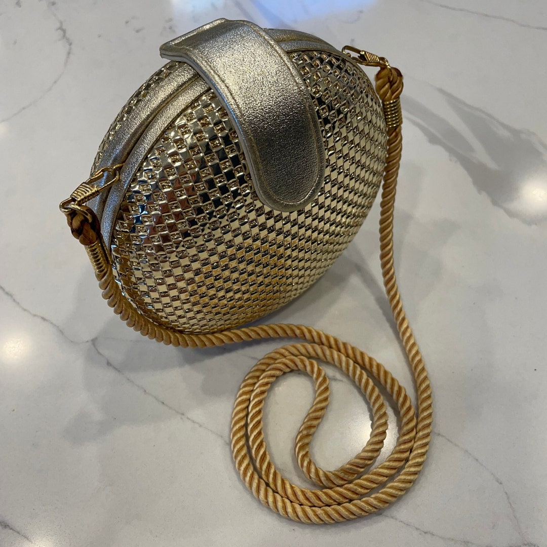 Vintage Shiny Gold Woven Texture Hard Shell Evening Bag 1960s