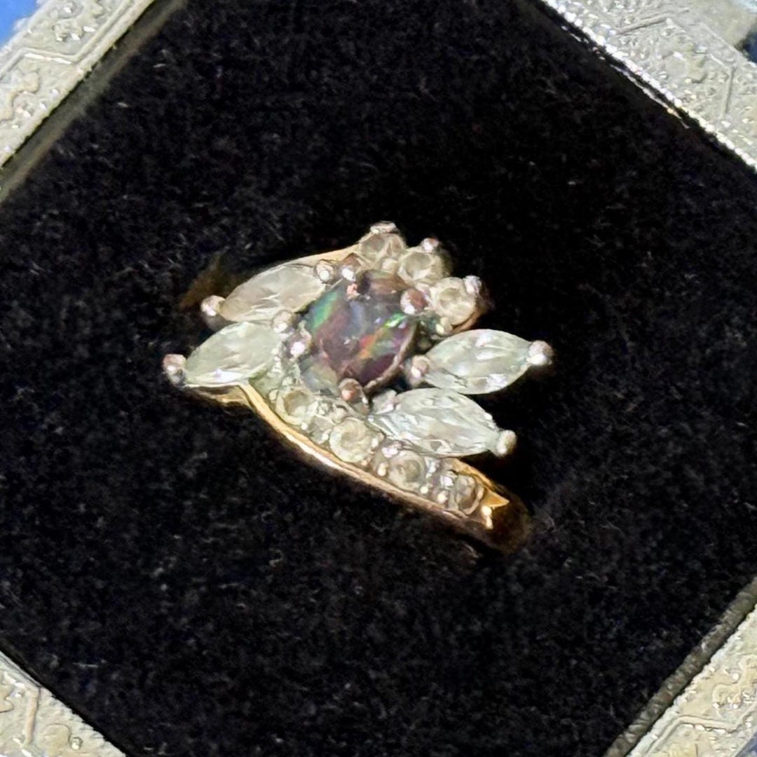Vintage EDCO Mystic Crystal CZ Ring: 1970s Floral Gold Plated Band ...