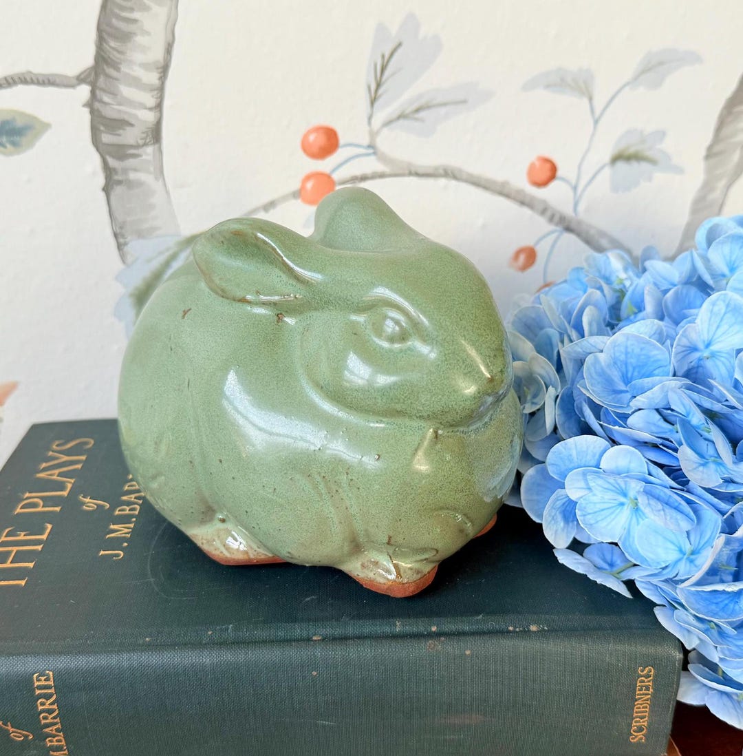 Vintage Pottery Bunny Figurine | 1970s Green Glazed Ceramic Rabbit ...