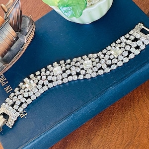 Vintage 1940s Crystal Rhinestone Bracelet | Art Deco Gatsby Bridal Jewelry | Flapper Glam Statement Piece