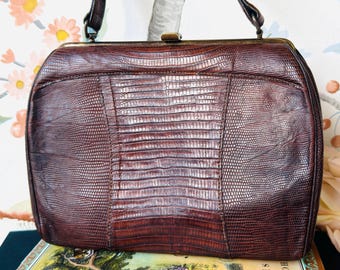 Vintage Sterling USA Lizard Skin Handbag | Brown Mid-Century Box Purse