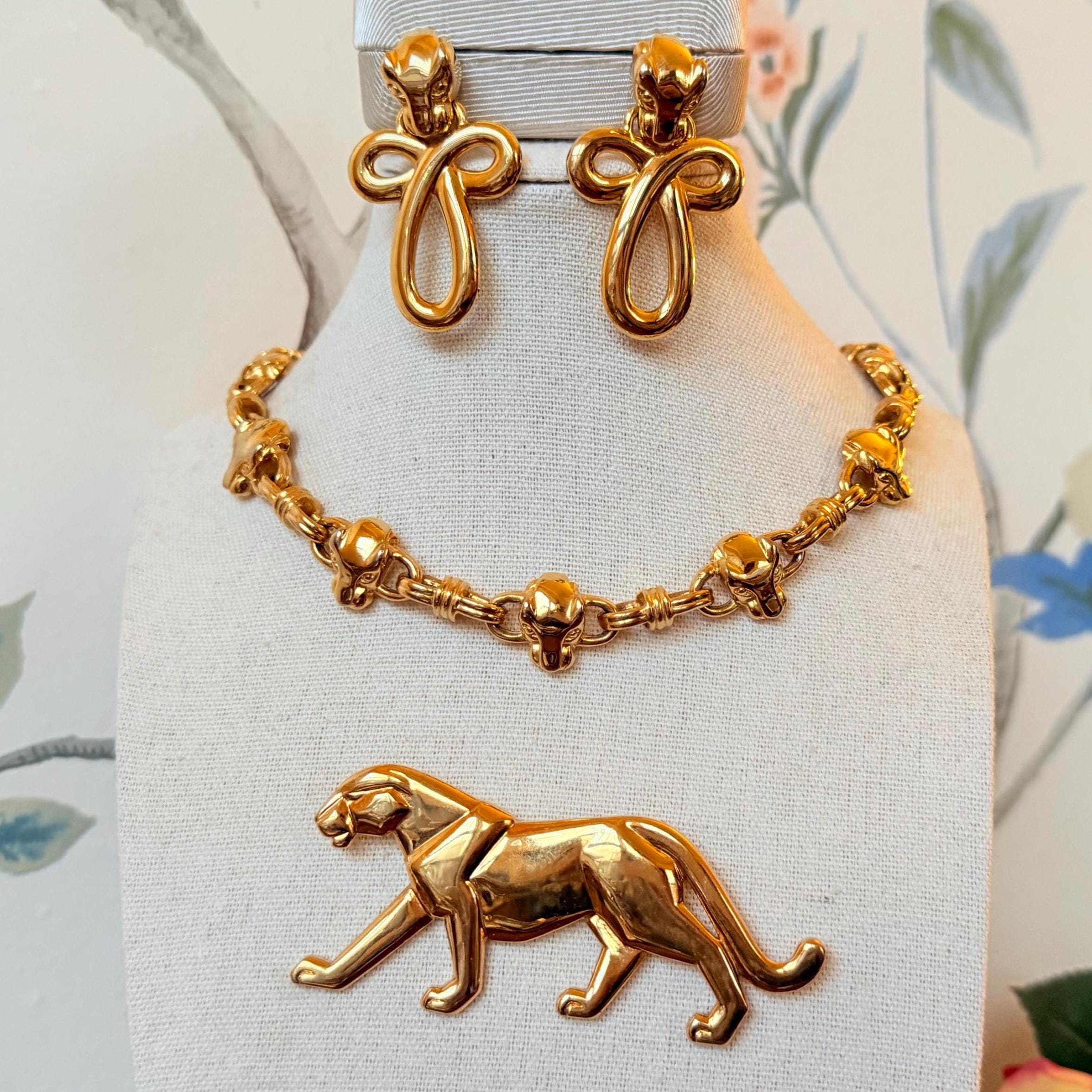 Vintage Anne Klein Panther Jewelry Set: Gold Brooch, Necklace