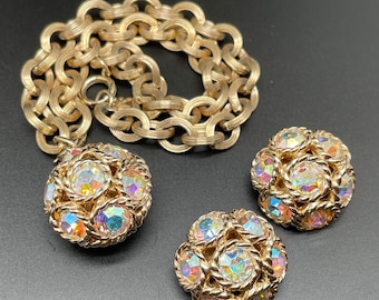 Sarah Coventry Dancing Magic | 1960s Aurora Necklace Earrings Set | AB Rhinestone Jewelry | Vintage Gold Parure Gift for Her