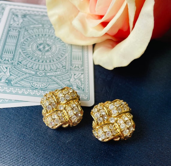 Vintage Swarovski Crystal Pave Gold Clip Earrings… - image 4