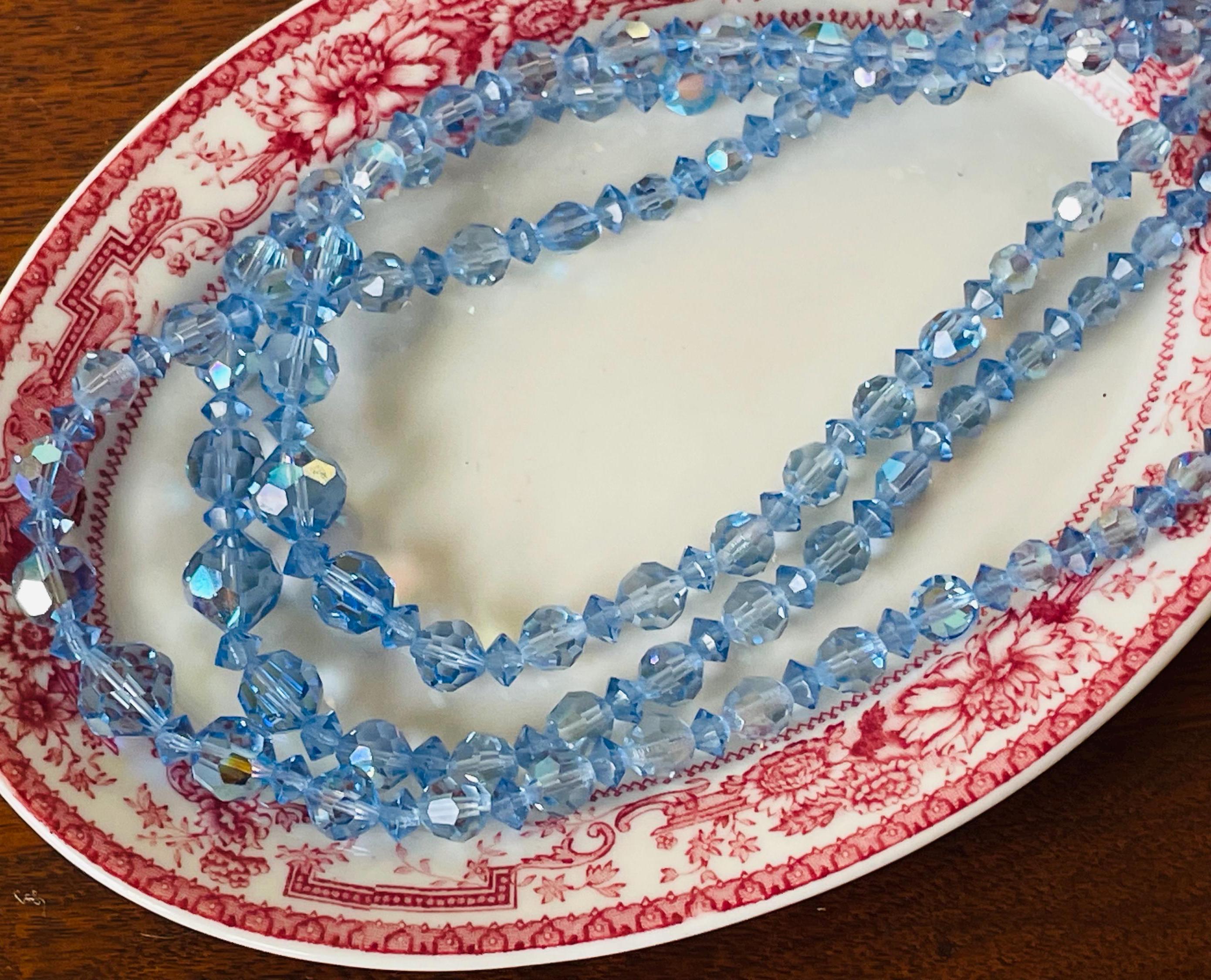 Vintage 1950s Blue Crystal Bead Necklace | Triple Strand
