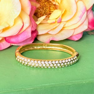 Vintage Swarovski Crystal Gold Bangle Bracelet | 1980s Swan Logo Hinged Bracelet | Pavé Rhinestone Bangle Jewelry | Bridal Gift for Her