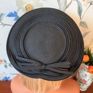 Vintage Christian Dior Chapeaux Paris New York Black Woven Hat | 1960s Designer Black Cellophane Straw | Classic Wide Brim Breton Tilt Hat