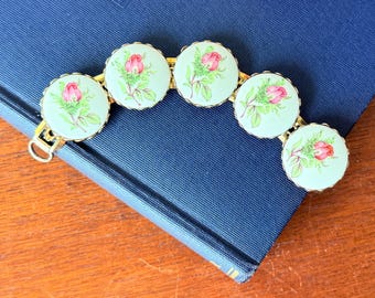 1950年代の磁器製ローズブレスレット：ゴールドベゼルのヴィンテージ