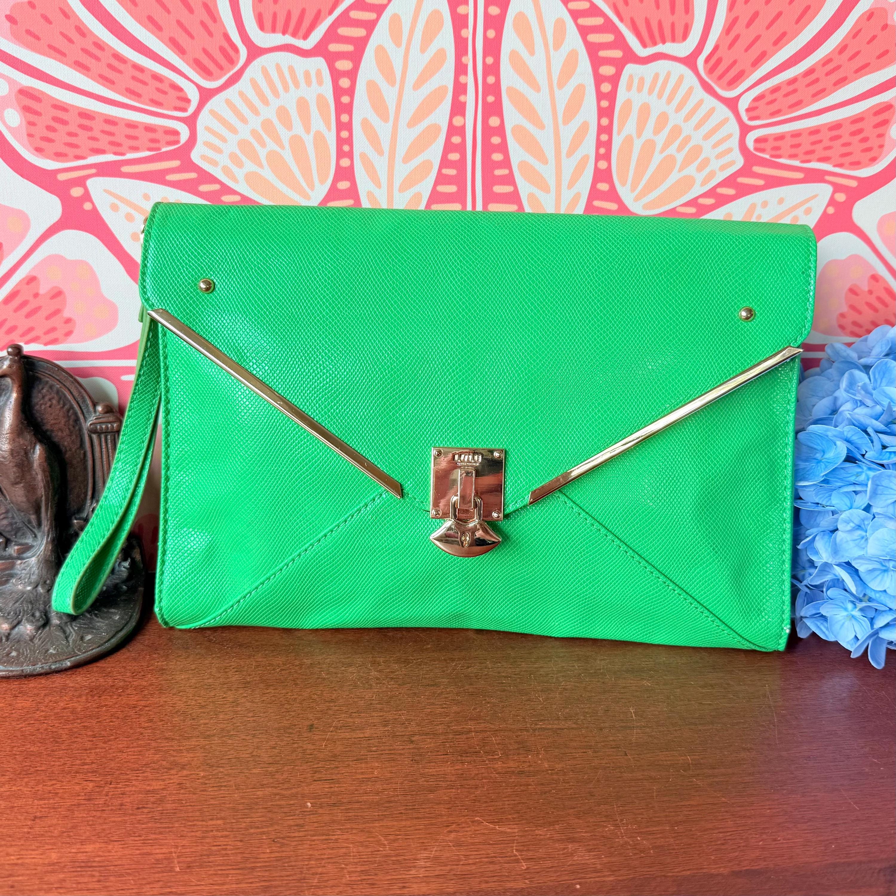 Vintage Lulu Guinness Green Envelope Clutch: Gold Lip Padlock