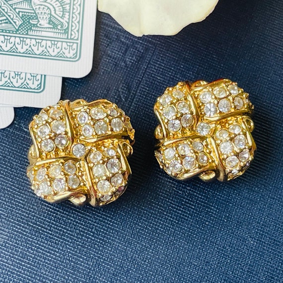Vintage Swarovski Crystal Pave Gold Clip Earrings… - image 3