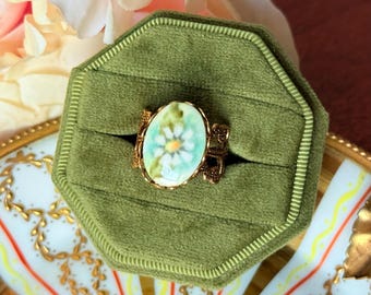 Vintage Porcelain Floral Cameo Ring | 1950s Hand Painted Adjustable Ring | Oval Ceramic Flower Ring | Cottagecore Jewelry Gift for Her