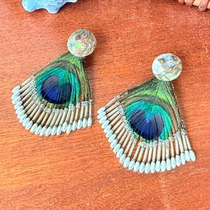 Peacock Feather Pierced Earrings | Mother of Pearl Beaded 1970s Jewelry | Boho Statement