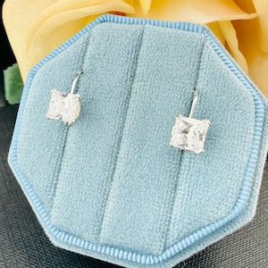 May include: A pair of silver-toned leverback earrings featuring square-cut clear stones. The earrings are displayed on a light blue velvet octagonal jewelry holder with vertical channels, showcasing the faceted design of the clear stones.